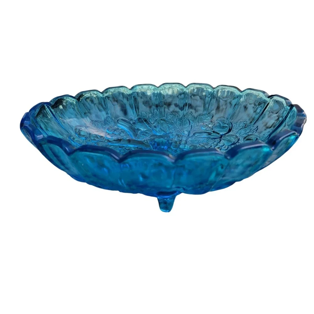 Vintage Indiana Blue Harvest Fruit Footed Bowl 12